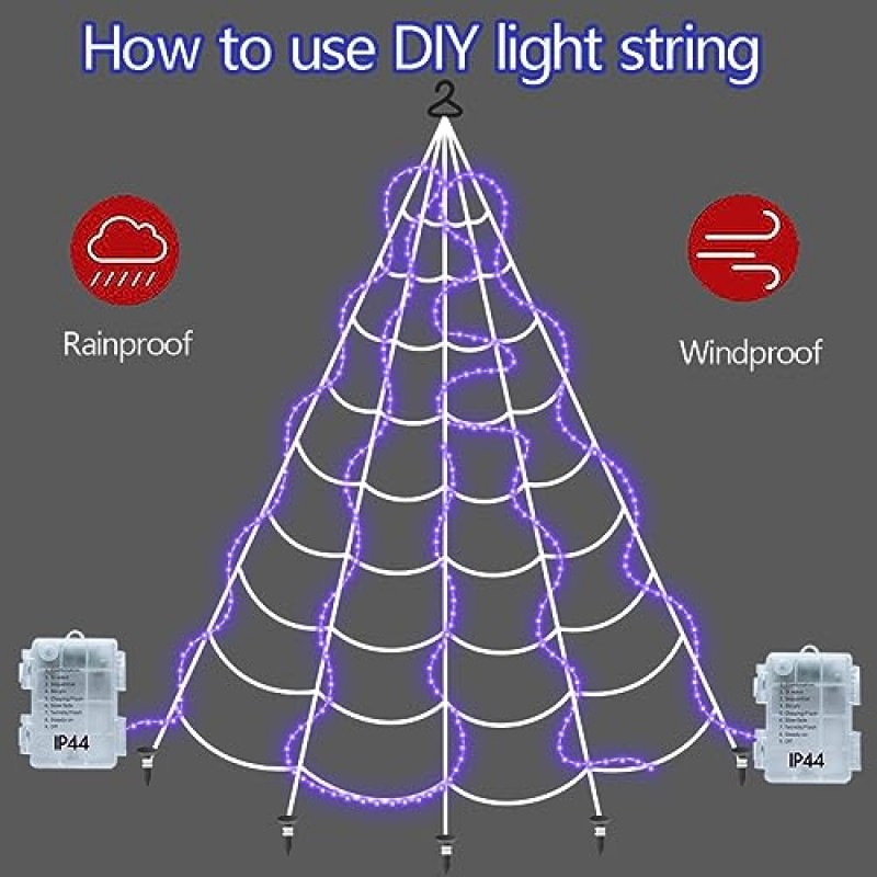 거미줄 할로윈 장식 야외, 19 * 23FT 거미줄 4.3FT 큰 검은 거미, 270 보라색 LED 및 8 가지 조명 모드, 거대한 거미 할로윈 장식