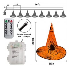 WATERGLIDE 할로윈 장식 8개 조명이 달린 교수형 마녀 모자, 8가지 모드로 원격 제어 조명 14피트 할로윈 문자열 조명, 실내 실외 마당, 잔디밭, 묘지 장면 파티용