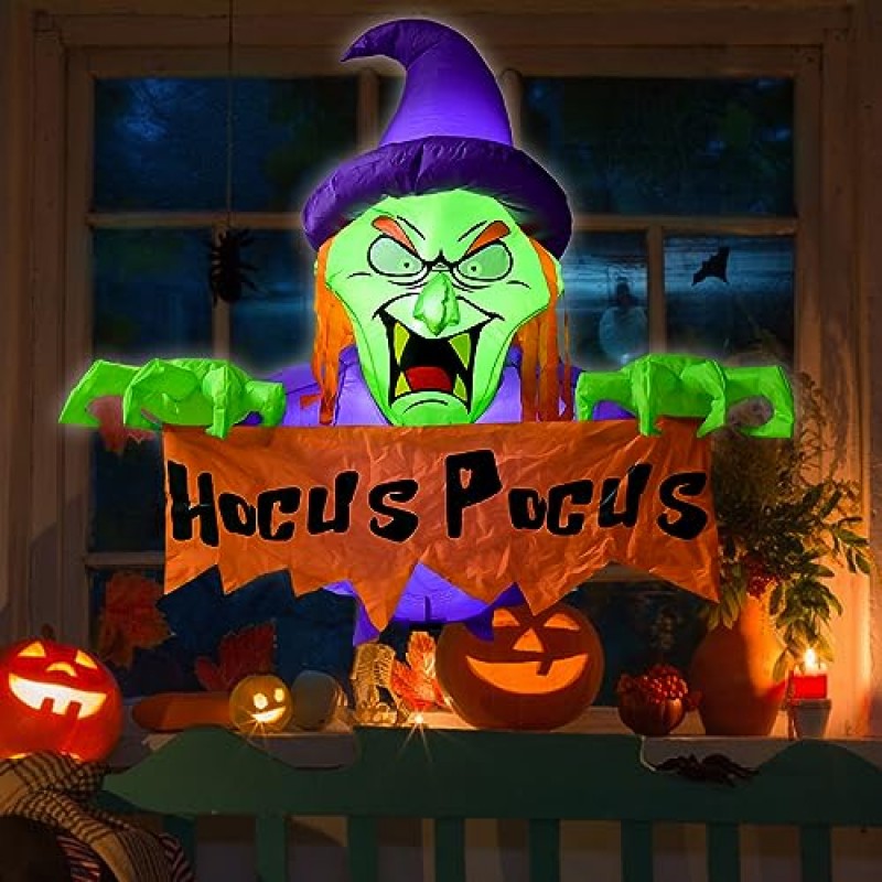 MOVINPE 4피트 할로윈 마녀 풍선 장식은 Hocus Pocus 배너가 있는 창에서 튀어나왔고, 할로윈 야외 장식을 위한 LED 조명이 내장되어 있으며, 할로윈 마당 정원 잔디 장식 디스플레이에 적합합니다.