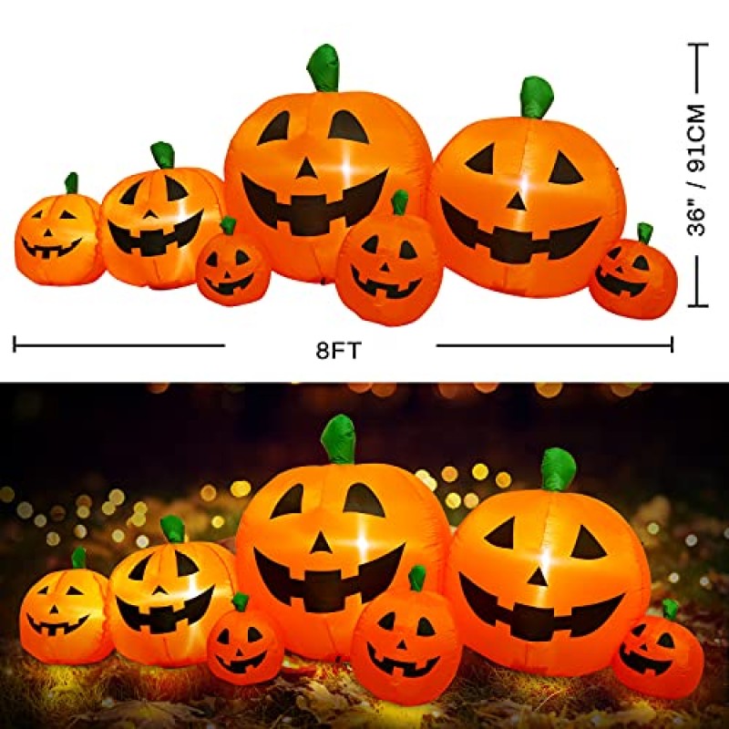 8피트 할로윈 풍선 호박, LED 조명 및 송풍기가 내장된 BestFire 할로윈 풍선 야외 마당 홈 파티 잔디밭 할로윈 장식(3개 말뚝 및 밧줄)