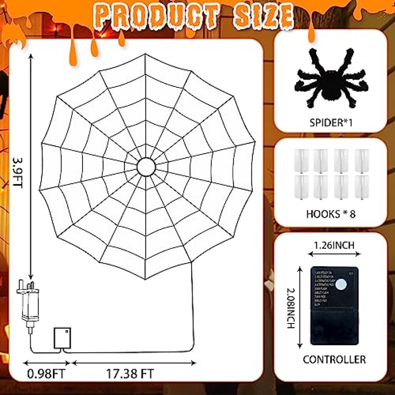 PABIPABI 할로윈 스파이더 웹 조명 플러그인, 4피트 조명 스파이더 웹, 84LED 및 8가지 모드, 파티 야드 바 유령의 집용 실내 및 실외 할로윈 장식(주황색 및 보라색)