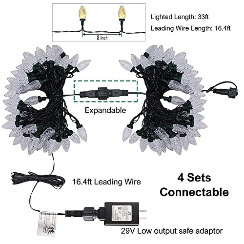 눈부신 밝은 C9 크리스마스 조명 야외, 50 LED 33피트 방수 녹색 와이어 스트링 조명, 크리스마스 트리용 실내 야외 요정 조명 크리스마스 야드 파티 웨딩 하우스 장식(따뜻한 흰색)