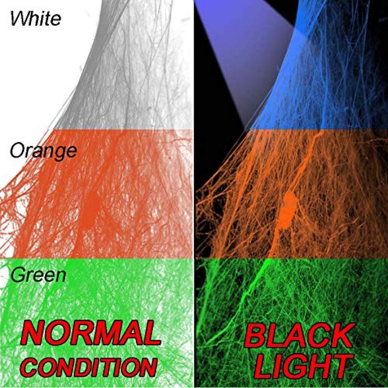 3가지 색상 270g 할로윈 글로우 스파이더 웹 실내 및 실외 짜증 스파이더 웨빙, 할로윈 장식용 가짜 거미 55개, 블랙라이트 램프가 있는 흰색, 녹색 및 주황색