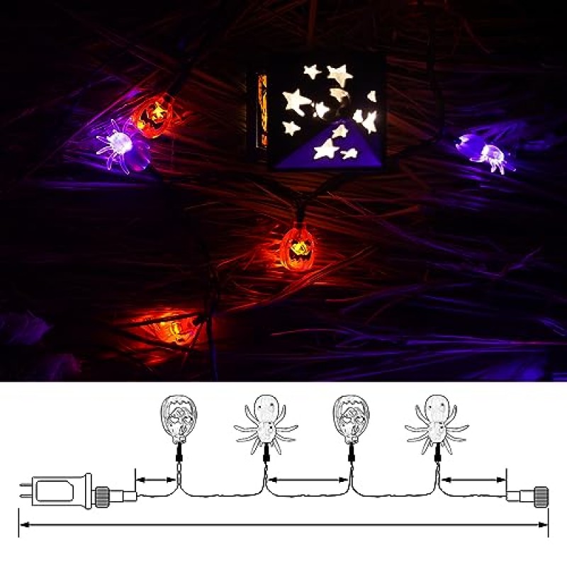 HAYATA 할로윈 스트링 조명 - 70 LED 29.5피트 호박 및 스파이더 라이트(30v 플러그인 포함) - 확장 가능한 8가지 모드 요정 타이머 기능 조명 야외 정원 마당 홈 할로윈 파티.