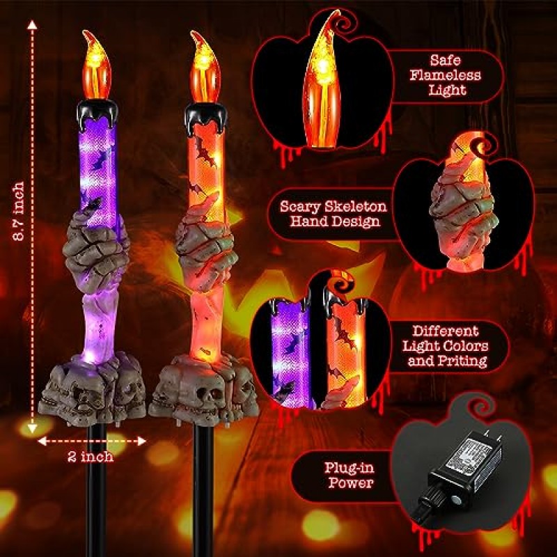 Meonum 할로윈 캔들 라이트 스테이크, 8팩 스켈레톤 손으로 조명이 켜진 캔들 통로 제조기, 실내 및 실외 파티 산책로 파티오 정원 할로윈 장식을 위한 타이머가 있는 스켈레톤 불 켜기