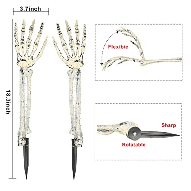 야외 할로윈 장식, 총 80개의 LED 조명이 포함된 2팩 라이트 업 스켈레톤 암 스테이크, 마당 파티오 가든 파티 유령의 집 장식을 위한 배터리 작동식 방수 무서운 할로윈 소품