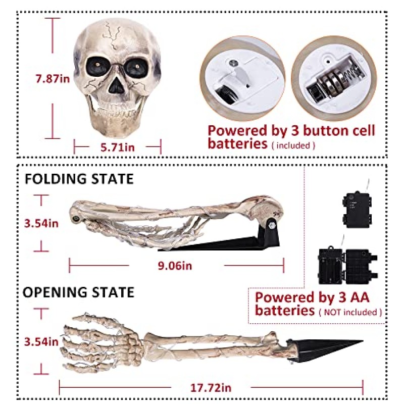 할로윈 야외 장식 해골 스테이크 48 LED 조명 타이머, 무서운 획기적인 빛나는 빨간 눈 해골 머리와 손 팔 묘지 잔디 마당 유령의 집 장식 파티 소품 3PCS
