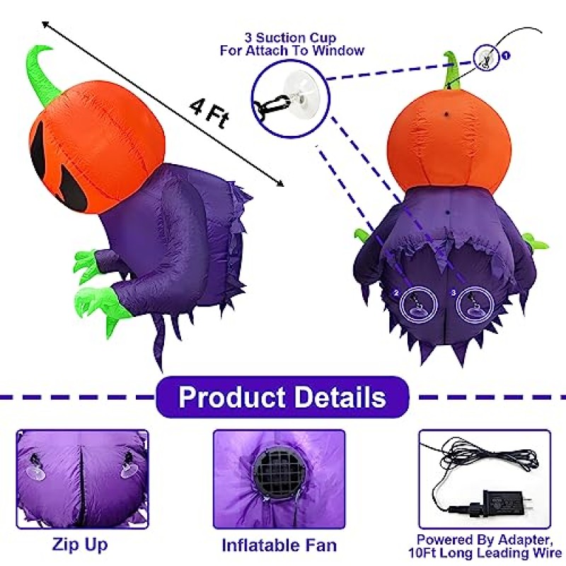 TURNMEON 4 피트 할로윈 풍선 장식 야외 호박 유령이 창에서 튀어 나와 실내 홈 파티 마당 정원 잔디 장식 외부 할로윈 장식용 내장 LED 조명으로 폭파