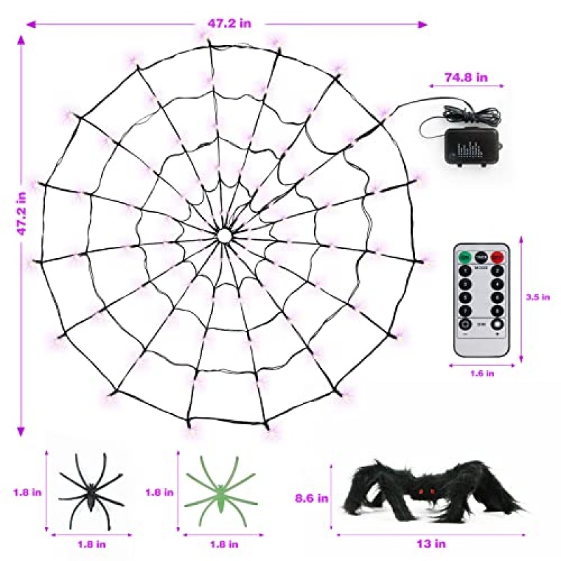 할로윈 조명, 주황색 보라색 할로윈 스파이더 웹 조명 장식 4피트 직경+80 LED+큰 검은 거미 1개+작은 거미 10개+조명 모드 8개, 실외 실내 배터리 작동 할로윈 조명