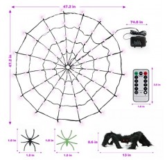 할로윈 조명, 주황색 보라색 할로윈 스파이더 웹 조명 장식 4피트 직경+80 LED+큰 검은 거미 1개+작은 거미 10개+조명 모드 8개, 실외 실내 배터리 작동 할로윈 조명