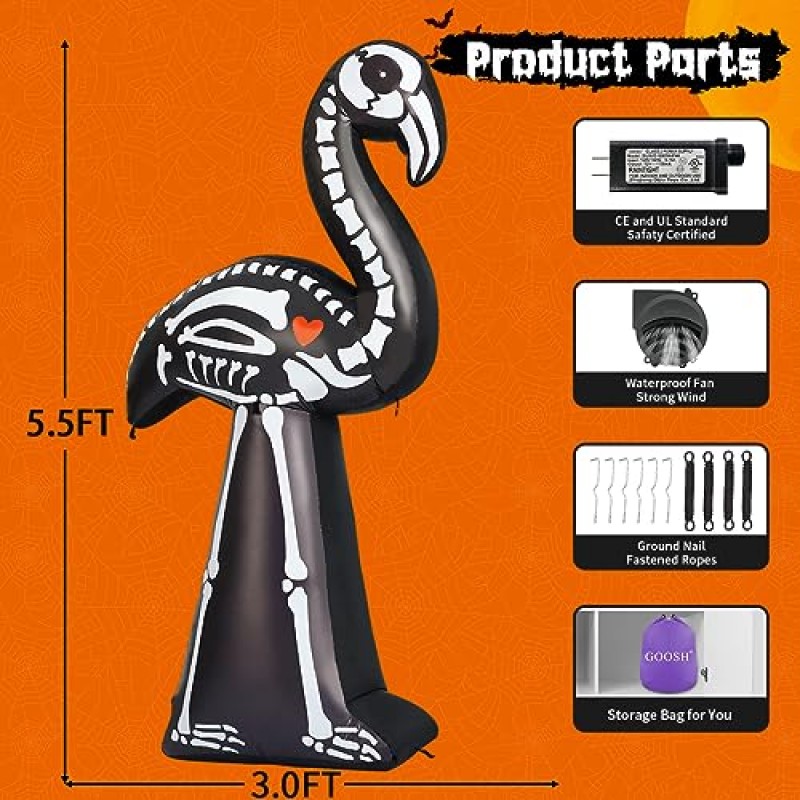 GOOSH 5.5 FT 할로윈 풍선 플라밍고 야외 장식 마당을 날려 무서운 해골 플라밍고 실내 파티 정원 잔디 장식을위한 내장 LED 조명