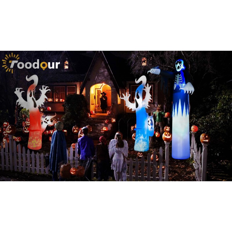 Toodour 8 FT 할로윈 풍선 야외 장식 유령 - 할로윈 파티를 위한 마당 장식 폭파, 파란색 LED 디스코 조명 내장, 야외 할로윈 정원을 위한 풍선 유령 장식