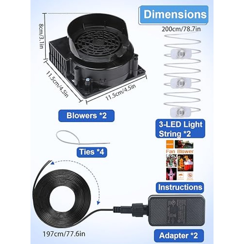2팩 풍선 팬 교체, 추수 감사절 크리스마스 실내 야외 휴가 풍선 장식을 위한 12V 1.2A 어댑터 및 3-LED 조명 문자열이 있는 할로윈 풍선용 3100RPM 공기 송풍기