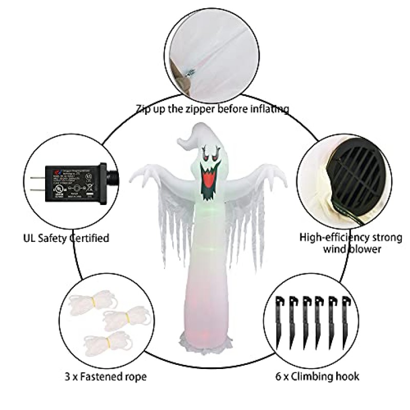 Hourleey 9 FT 할로윈 풍선 야외, 실내 실외 파티용 LED 조명이 내장된 할로윈 폭파 마당 장식 정원 잔디 정리(유령)