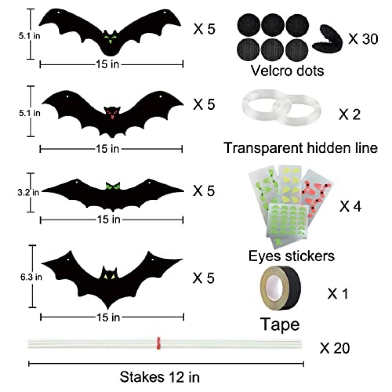20Pcs 박쥐 장식 할로윈 매달려 박쥐 장식 야외, 말뚝이있는 4 가지 플라스틱 할로윈 박쥐 장식 - 벽, 나무, 잔디 및 실내 파티 장식을위한 빛나는 눈을 가진 가짜 대형 현실적인 무서운 검은 박쥐 스티커