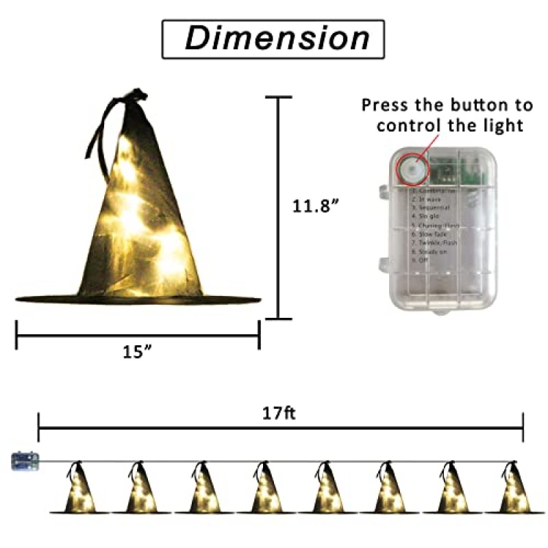 Ledido 빛나는 마녀 모자 할로윈 장식, 8PCS 17FT 56 LED 마녀 조명 원격, 8 가지 모드 매달려 마녀 문자열 할로윈 조명 실내 야외 파티 마당 정원 트리 장식 (따뜻한 흰색)