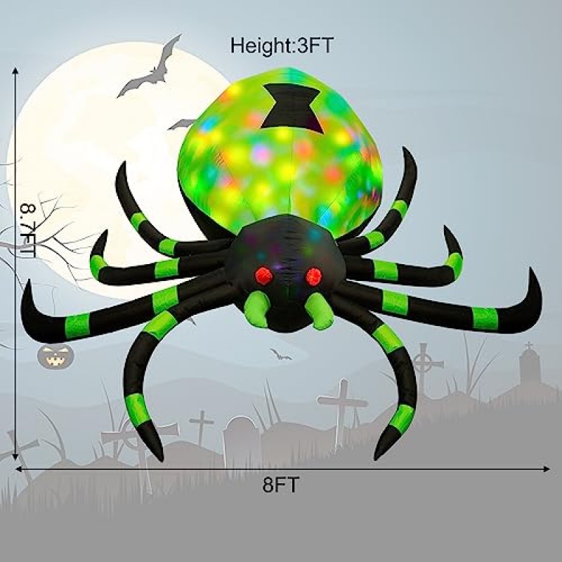 yosager 할로윈 풍선 장식, LED 회전 프로젝션, 야외 할로윈 애니메이션 마당 소품, 홈 잔디 정원 파티 장식을위한 폭파와 8피트 긴 조명 녹색 검은 거미 풍선