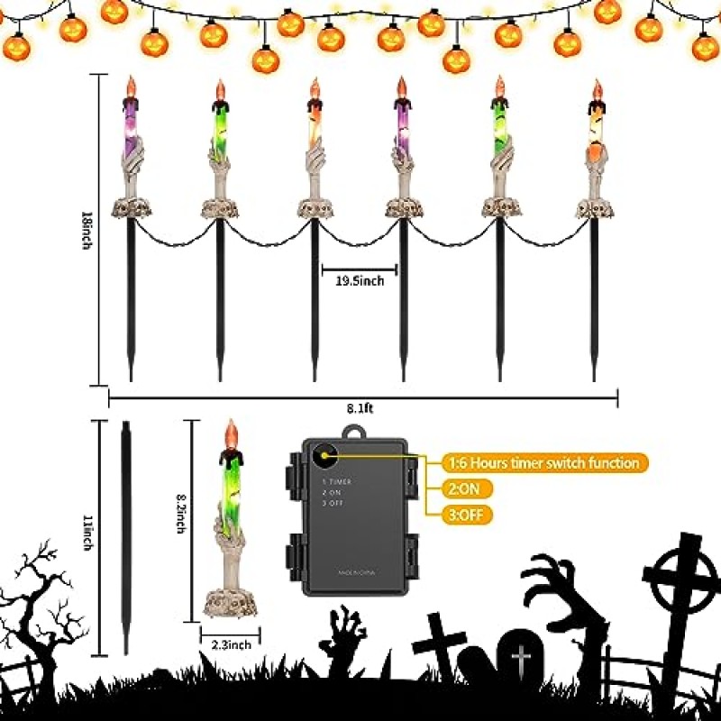 할로윈 장식, 6팩 해골 손으로 조명이 켜진 양초 스테이크, 할로윈 정원 스테이크 조명 타이머로 작동되는 방수 배터리, 마당 야외/실내 장식용 할로윈 통로 조명