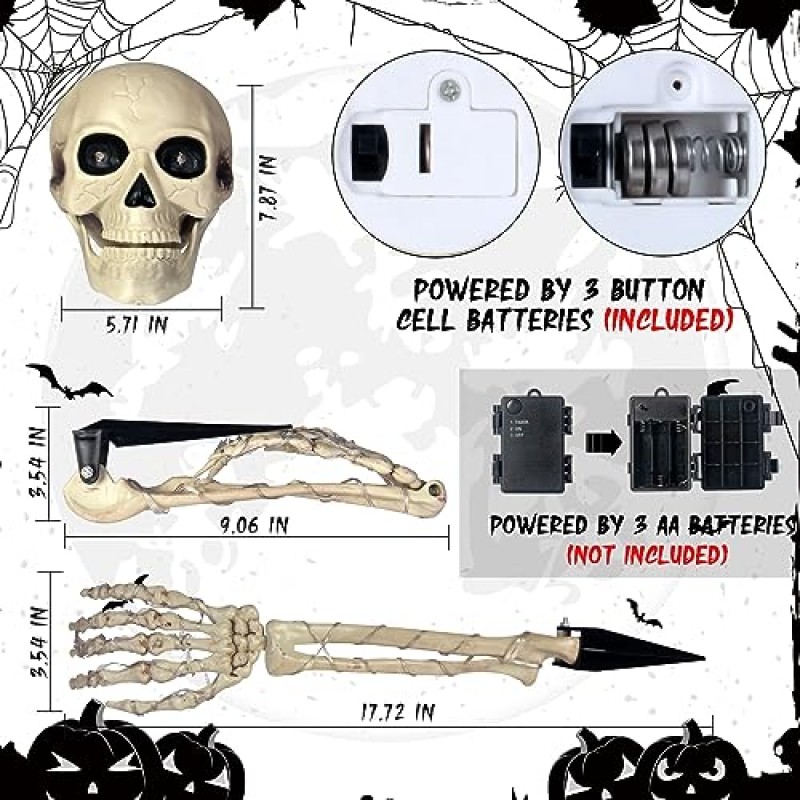 MAIAGO 3 PCS 할로윈 장식, 빛나는 빨간 눈 무서운 두개골 머리, 할로윈 묘지 장식, 정원, 잔디밭, 마당, 유령의 집 소품을 위한 48 LED 조명 타이머가 있는 조명 해골 손 팔 스테이크