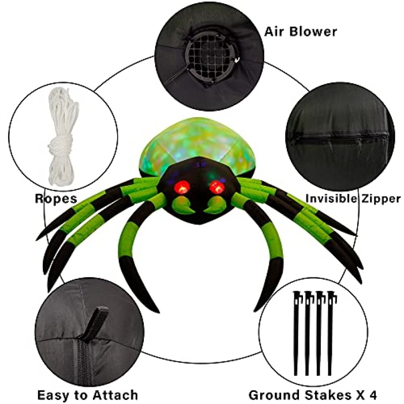 Prsildan 할로윈 풍선 거미, 야외 실내 정원 잔디밭(녹색)을 위한 다채로운 LED 조명과 빨간색으로 빛나는 눈을 갖춘 6피트 폭파 장식
