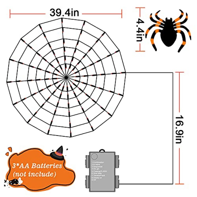 FastDeng 할로윈 야외 장식 스파이더 웹 라이트 - 3.25FT 직경 96 LED 방수 오렌지 그물 8 모드 방수 배터리 상자 마당 실내 및 실외 할로윈 장식
