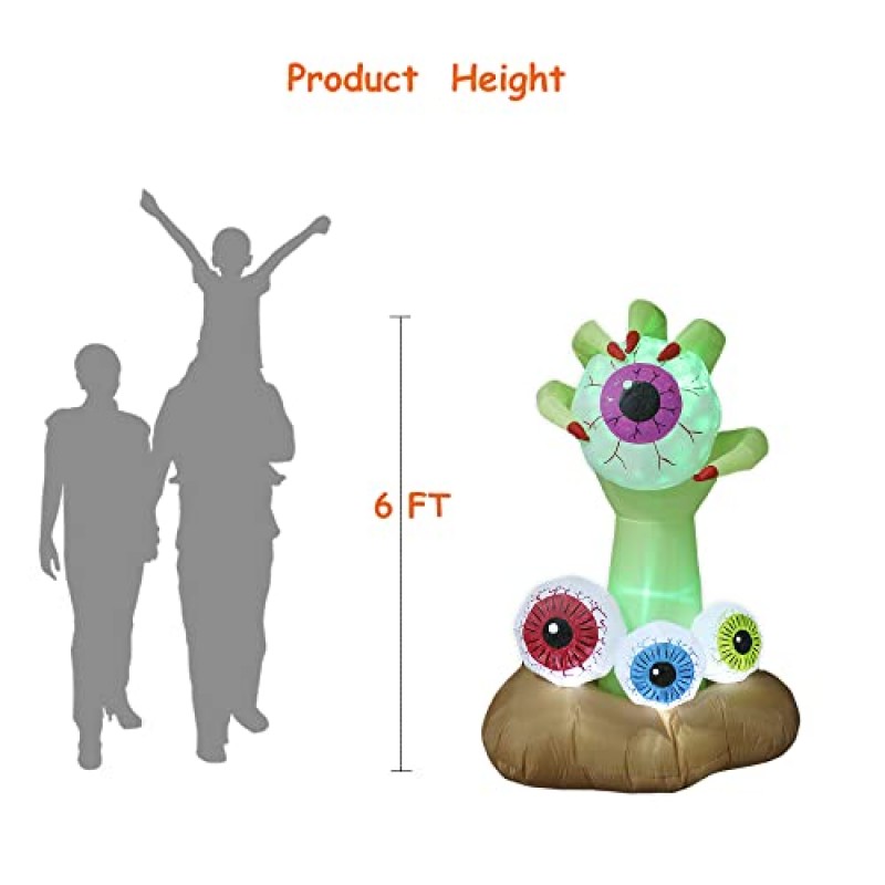 VIKIMORA 6피트 할로윈 풍선 안구, LED 조명 장식이 있는 거대한 유령 손 잡아 안구 충혈된 안구 야외 폭발 실내 휴일 장식, 거대한 마당 잔디밭 정원 파티 장식