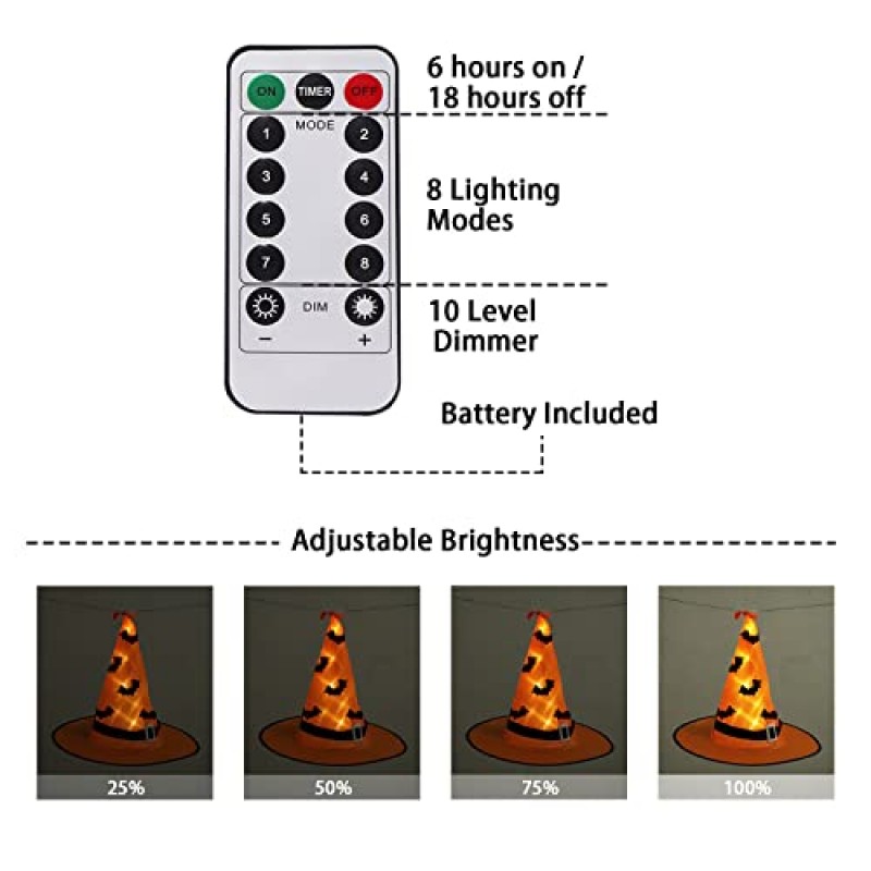 Ivenf 할로윈 장식 조명, 8 PCS Hocus Pocus 마녀 모자, 원격 방수 문자열 조명, 실내 야외 정원 마당 파티 장식을위한 할로윈 장식