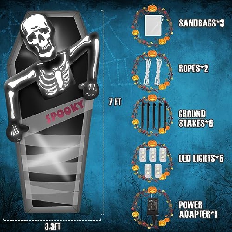 할로윈 풍선 야외 장식 정리, 톰스톤이 있는 7피트 풍선 해골, Led 조명이 있는 묘지 장식, 외부 마당, 잔디밭, 파티용 대형 묘비