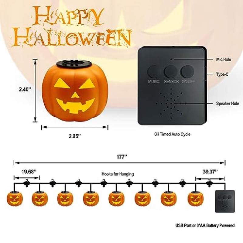 할로윈 장식 야외 무서운 매달려 조명 호박 실내 음악 애니메이션, 8 팩 Led 방수 호박 랜턴 문자열 조명 배터리 전원 파티 홈 나무 마당 정원 외부