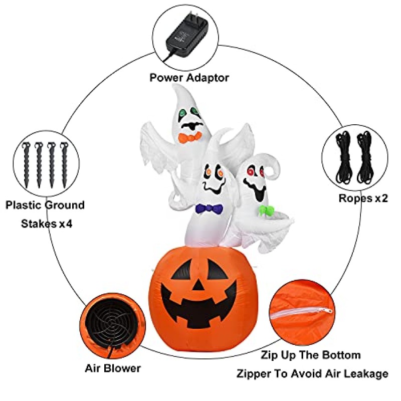 Doingart 7.5 FT 할로윈 풍선 호박 장식이 있는 작은 유령 3개, 멀티 컬러 LED가 내장된 할로윈 풍선 클리어런스, 마당 정원 잔디밭용 할로윈 장식 폭파