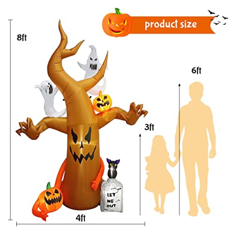 GOSEN 할로윈 풍선 야외 장식 흰색 유령, 호박 및 올빼미가 있는 8피트 죽은 나무, 실내/휴일/파티/마당/정원/사진용 LED 조명이 내장된 할로윈 폭파 마당 장식