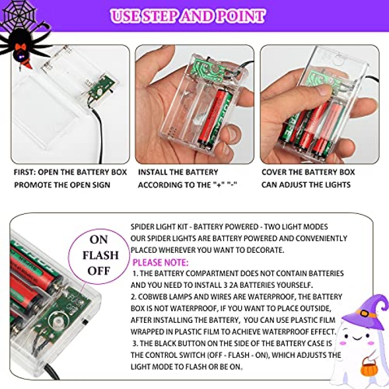 【신규】할로윈 스파이더 웹 조명 LED 및 12IN 스파이더, 4피트 스파이더 웹 조명 장식 70 보라색 LED 조명, 실내 실외 집 마당 정원 무서운 할로윈 창 조명 배터리 작동 장식