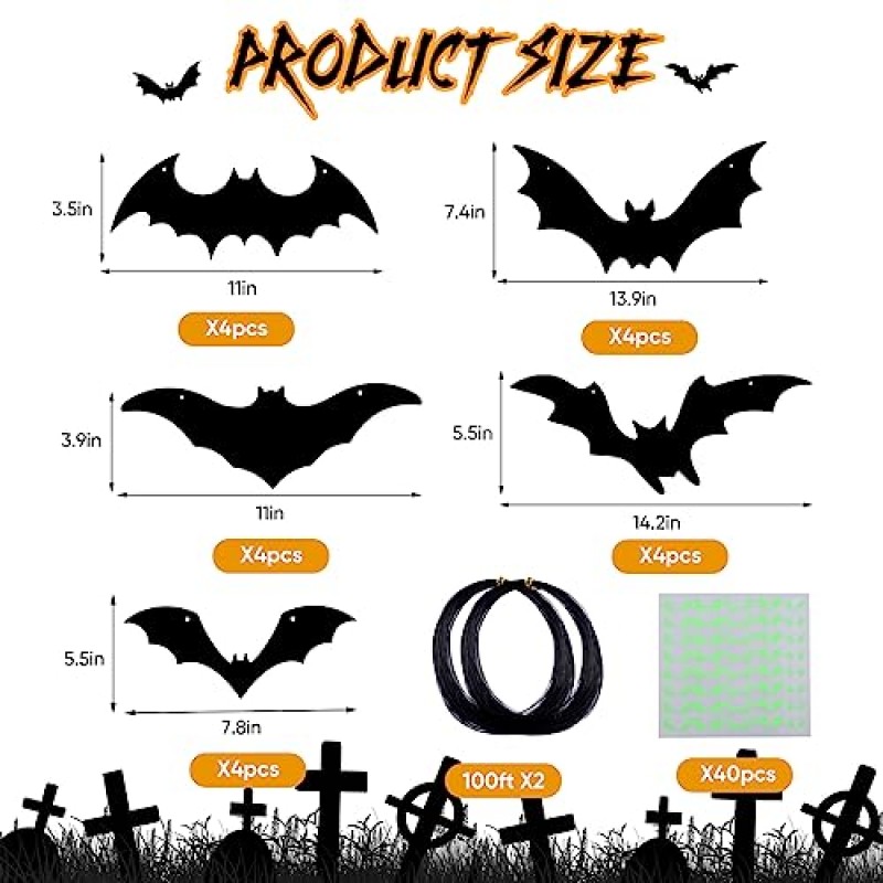매달린 박쥐 할로윈 장식 야외 - 20팩 대형 비행 박쥐 5개의 다른 크기, 빛나는 눈을 가진 방수 플라스틱 검은 박쥐 현관, 잔디밭 외부 장식용 나무에 매달려 있음