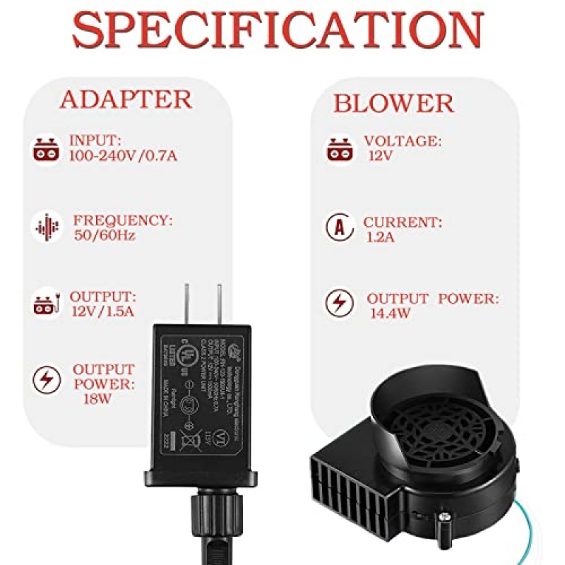 교체용 팬 송풍기, 할로윈, 크리스마스, 부활절 풍선용 3개의 LED 조명 문자열이 있는 12V 1.2A 방수 공기 송풍기 팬 송풍기, 공기 풍선 풍선 실내 실외용 12V 1.5A 어댑터