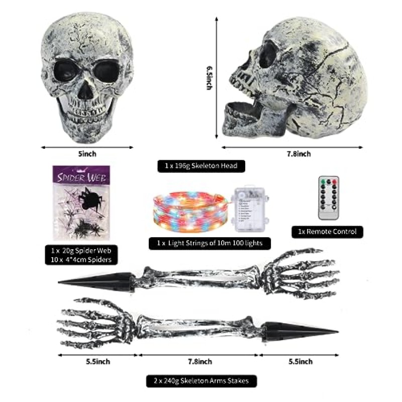 Madifana 할로윈 조명 해골 세트, 해골 및 2개의 팔 스테이크, 10m 원격 타이밍(8가지 모드), 20g 스파이더 웹 및 10개의 거미, 현실적인 할로윈 야외 마당 장식 묘지 정원