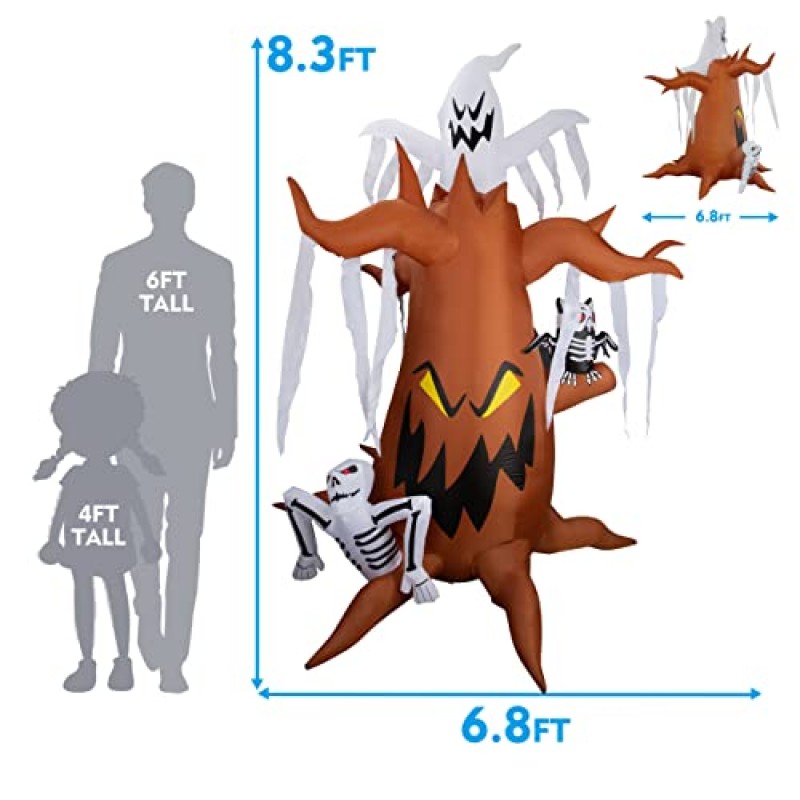 COMIN 8 FT 할로윈 장식 유령 해골이 있는 풍선 거대한 나무 휴일 파티 실내 야외 마당 정원 잔디에 내장된 LED 조명이 있는 해골 올빼미