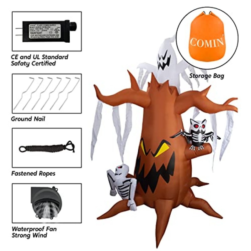 COMIN 8 FT 할로윈 장식 유령 해골이 있는 풍선 거대한 나무 휴일 파티 실내 야외 마당 정원 잔디에 내장된 LED 조명이 있는 해골 올빼미