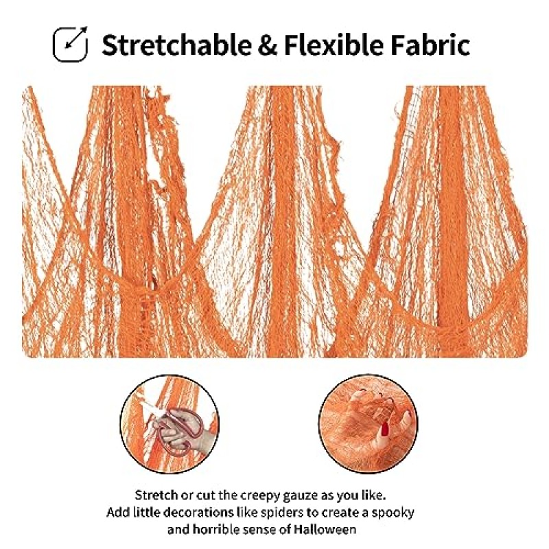 FestiCorp 3 in 1 할로윈 오렌지 오싹한 천 세트 - 거미와 박쥐가 포함된 치즈 천 6개 30x72, 할로윈 그물 유령의 집 장식 실내 및 실외용 으스스한 소름 끼치는 거즈 천
