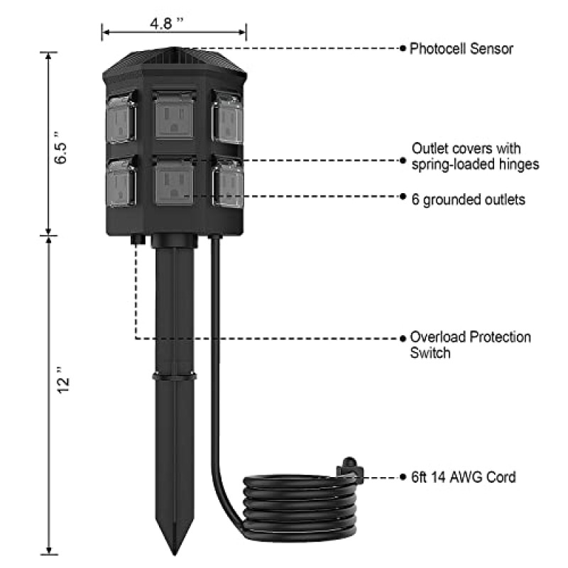 TiFFCOFiO 실외 전력 스테이크 타이머, 100피트 범위 리모콘, 황혼부터 새벽까지 센서 타이머 방수, 6피트 연장 코드, 할로윈 및 크리스마스 조명용 접지 콘센트 6개, ETL 등록됨