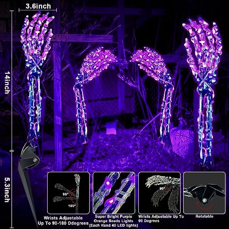 [원격 제어 12 모드 및 타이머] 4 팩 할로윈 3D 해골 팔 손 통로 조명 160 LED 오렌지 보라색 색상 변경 스테이크 라이트 할로윈 장식 야외 방수 마당 잔디 묘지