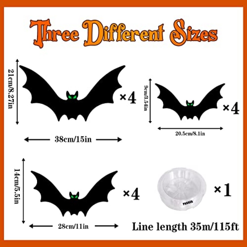 할로윈 매달려 박쥐 마당 기호 장식 야외, 12pcs 2023 업그레이드 된 3D 눈 무서운 검은 박쥐 잔디 나무 장식, 3 스타일에 대한 빛나는 눈을 가진 현실적인 가짜 짜증