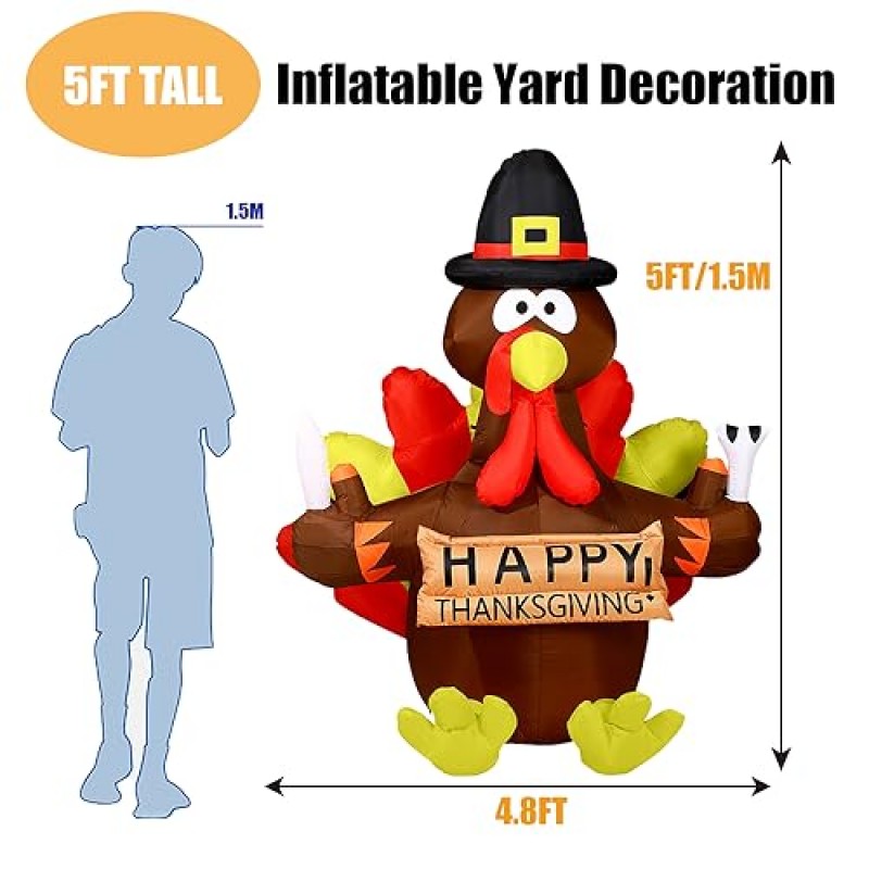 WOGOON 추수감사절 풍선 칠면조 야외 장식, 5FT 폭파 LED 조명 칠면조 순례자 모자, 마당 정원 잔디밭을 위한 행복한 추수감사절 휴일 장식