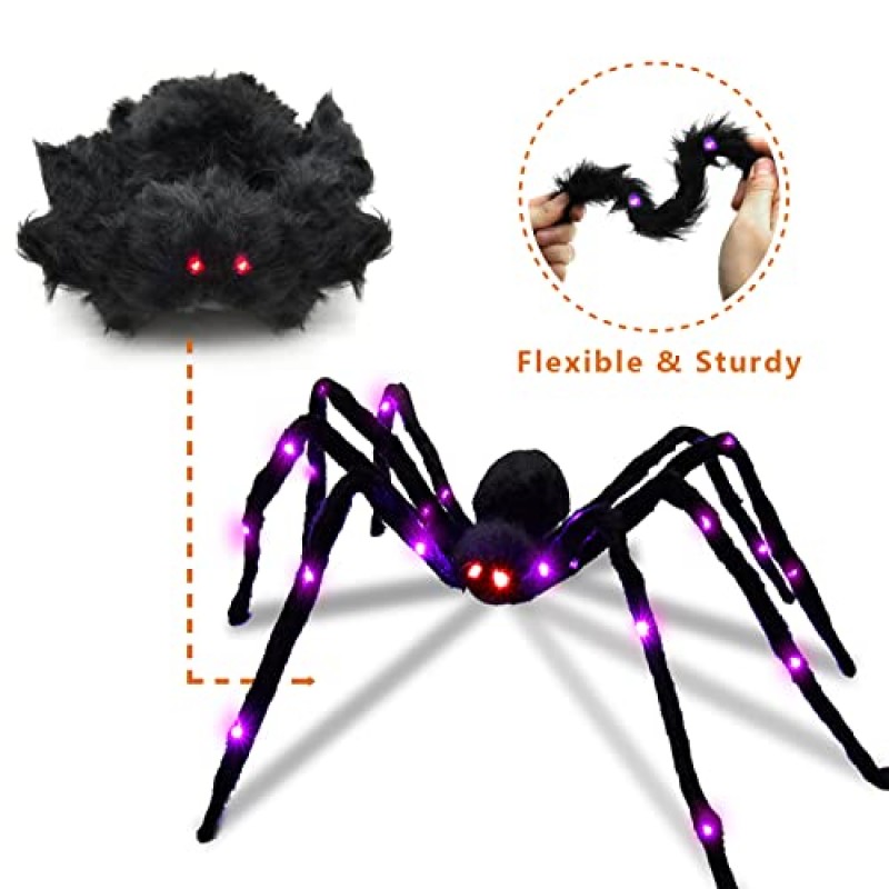 5피트 할로윈 거미 장식, 외부 집을 위한 보라색 LED 조명이 있는 가짜 거대한 거미, 할로윈 실내 야외 마당 파티 유령의 집 장식을 위한 검은 털이 거미 조명