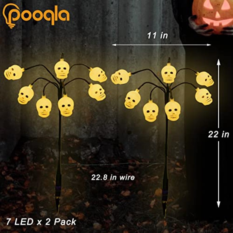 Pooqla 할로윈 조명 스테이크 장식, 14 LED 조명 해골 스테이크 배터리 작동 8가지 모드, 정원 잔디밭 장식용 해골 14개가 있는 야외 할로윈 통로 조명, 2개 팩