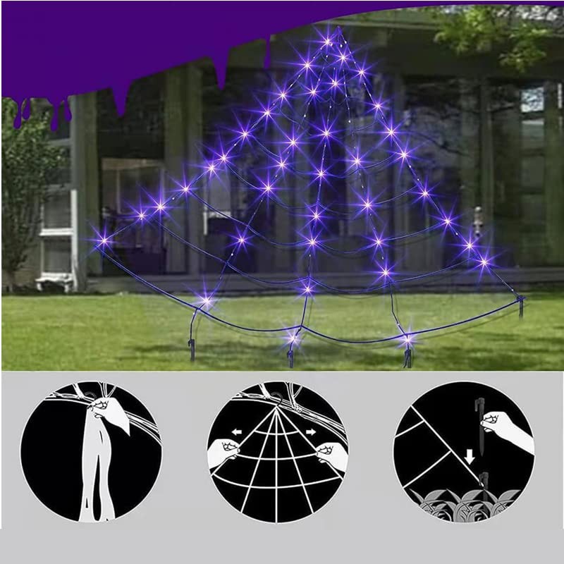 할로윈 스파이더 웹 16.4*15.7 Ft 장식 135 LED 보라색 그물 조명 타이머 얽힌 혼란 방지 삼각형 웹 방수 배터리 작동 할로윈 장식 야외 실내 파티 마당, 흰색, (SW00)
