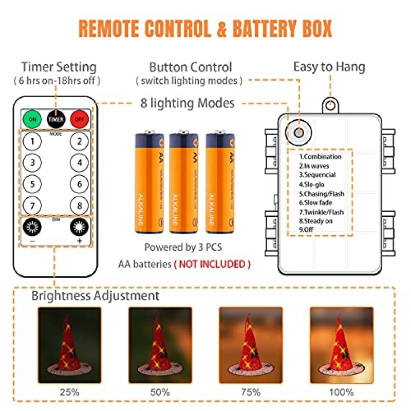 원격 배터리로 작동되는 끈 조명, 야외 방수 할로윈 장식 조명, 현관, 마당, 파티오, 정원, 나무, 파티 장식을 위한 조명이 달린 거미 모자가 있는 8 PCS 교수형 마녀 모자