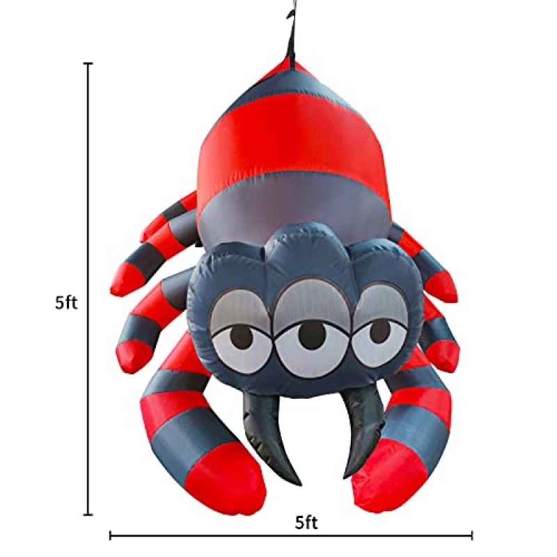 Joiedomi 5 FT 키가 큰 할로윈 풍선 세 눈 매달려 거미 풍선 마당 장식 LED가 내장되어 할로윈 파티 실내, 실외, 마당, 정원, 잔디 장식용 풍선 불어 넣기