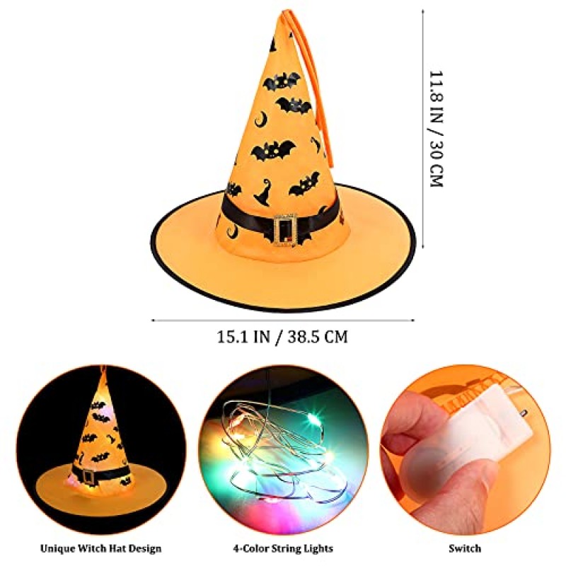 할로윈 장식 마녀 모자 8개 매달려 조명이 빛나는 마녀 모자 할로윈 장식 야외 할로윈 장식, 나무, 베란다, 마당(보라색/주황색/Geen/빨간색)