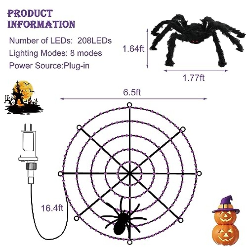 6.6FT 직경 할로윈 거미줄 조명(큰 털이 거미 포함), 215 LED 거대한 조명 거미줄 그물 조명(8가지 조명 모드 포함) 야외 실내 마당 집을 위한 방수 및 타이머 할로윈 장식-오렌지