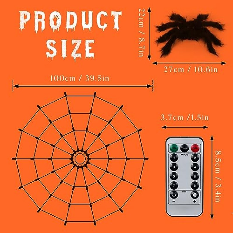 할로윈 장식 스파이더 웹 조명, 검은 털이 거미가있는 3.3Ft 스파이더 웹 조명, 할로윈 장식 실내 및 실외용 원격 제어 방수 배터리 구동 조명 60 주황색 LED 8 개